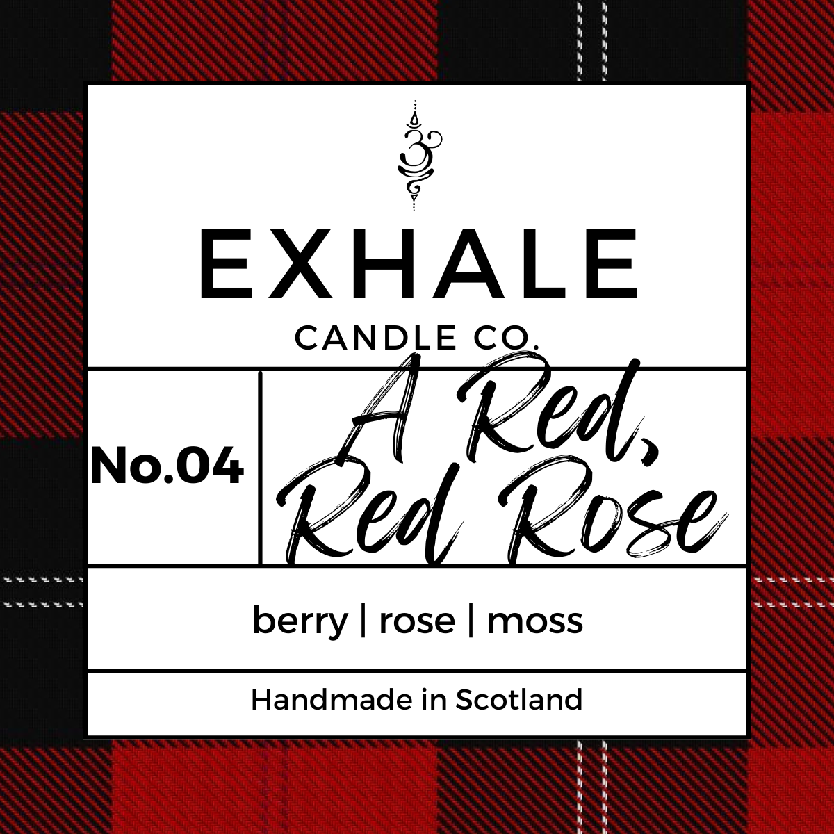 Exhale Candle Co A Red, Red Rose vegan friendly wax melts in a clam shell package on a red and black plaid background.