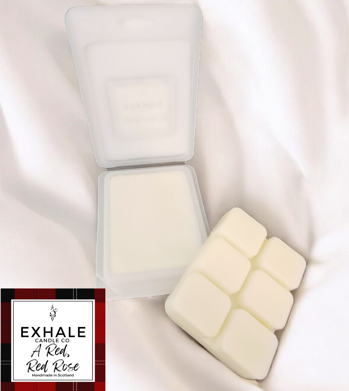 Exhale Candle Co A Red, Red Rose vegan friendly wax melts in a clam shell package on a red and black plaid background.