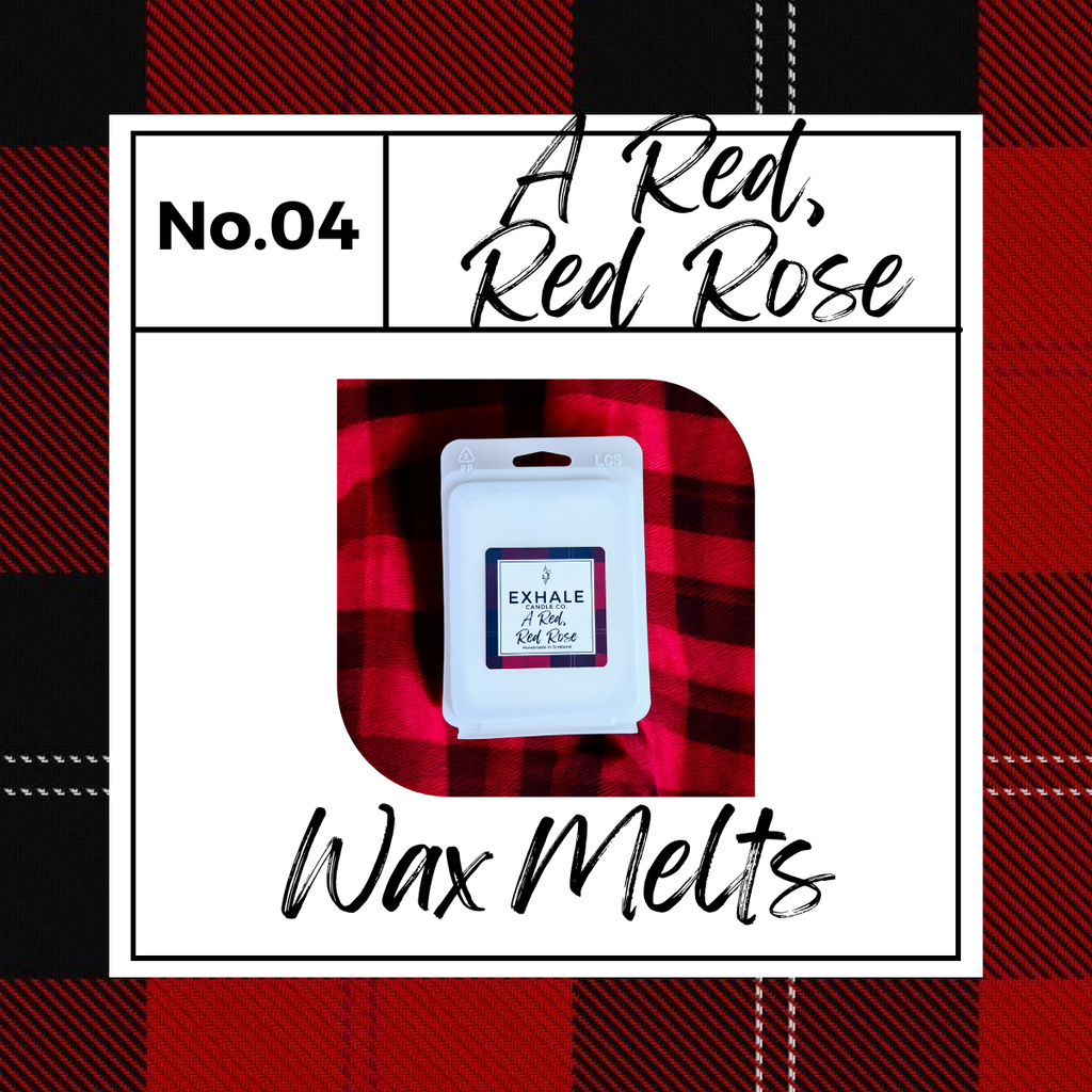 Exhale Candle Co A Red, Red Rose vegan friendly wax melts in a clam shell package on a red and black plaid background.
