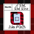 Exhale Candle Co A Red, Red Rose vegan friendly wax melts in a clam shell package on a red and black plaid background.