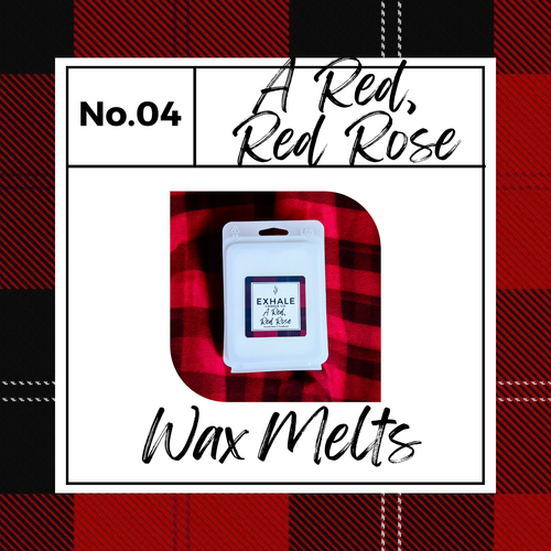 Exhale Candle Co A Red, Red Rose vegan friendly wax melts in a clam shell package on a red and black plaid background.
