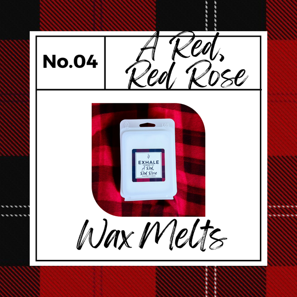 Exhale Candle Co A Red, Red Rose vegan friendly wax melts in a clam shell package on a red and black plaid background.